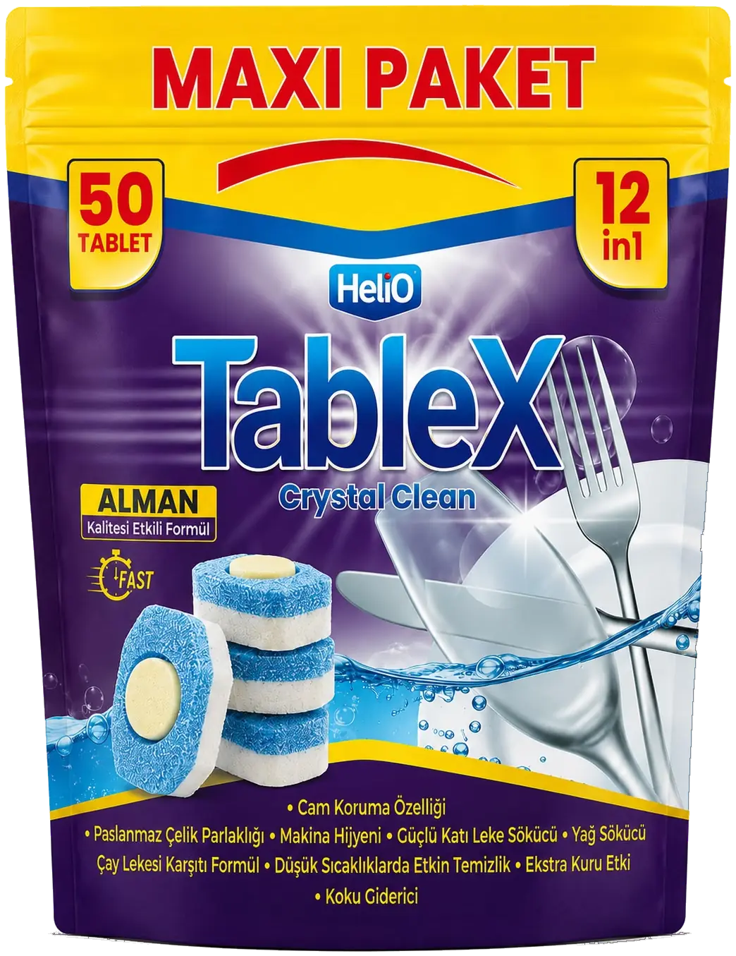 Helio TableX Crystal Clean 50'li Maxi Paket bulaşık makinesi tableti, 12'si 1 arada, mor paket