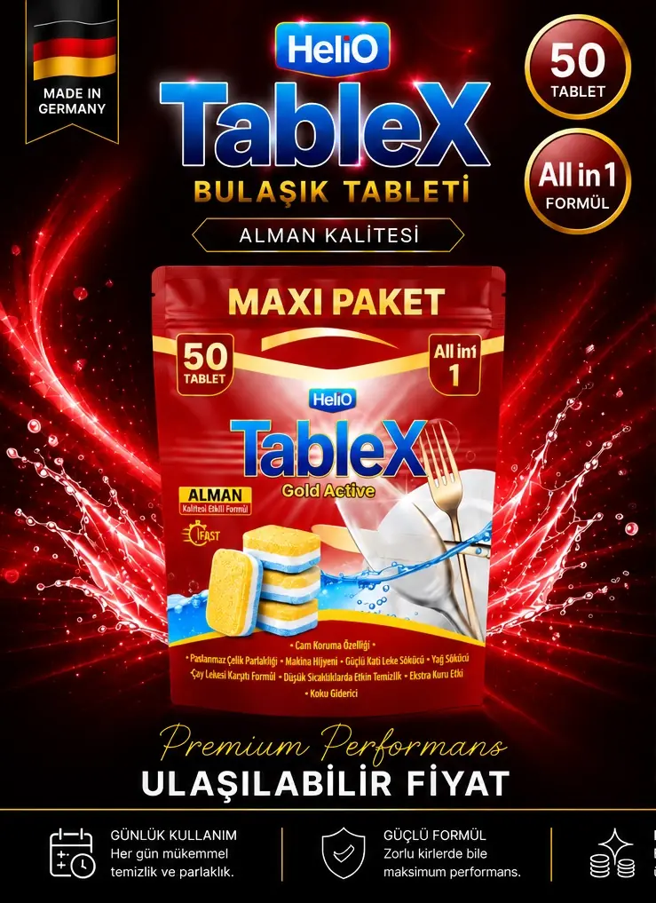 Helio TableX Gold Active katalog görseli: Made in Germany, 50 tablet, All in 1 formül, premium performans ulaşılabilir fiyat